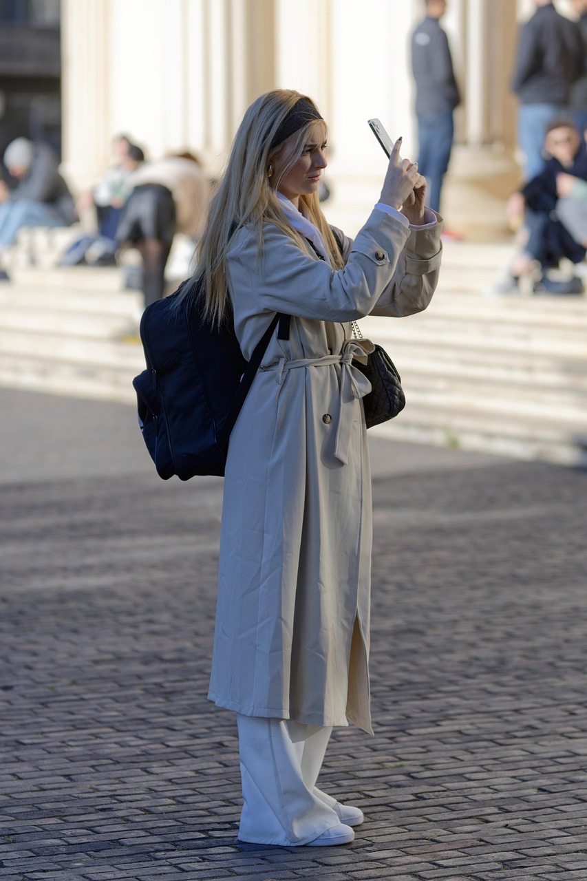 woman, young people, girl, tourist, casual, overcoat, backpack, smartphone, the street, urban, outdoor, people, scales, building